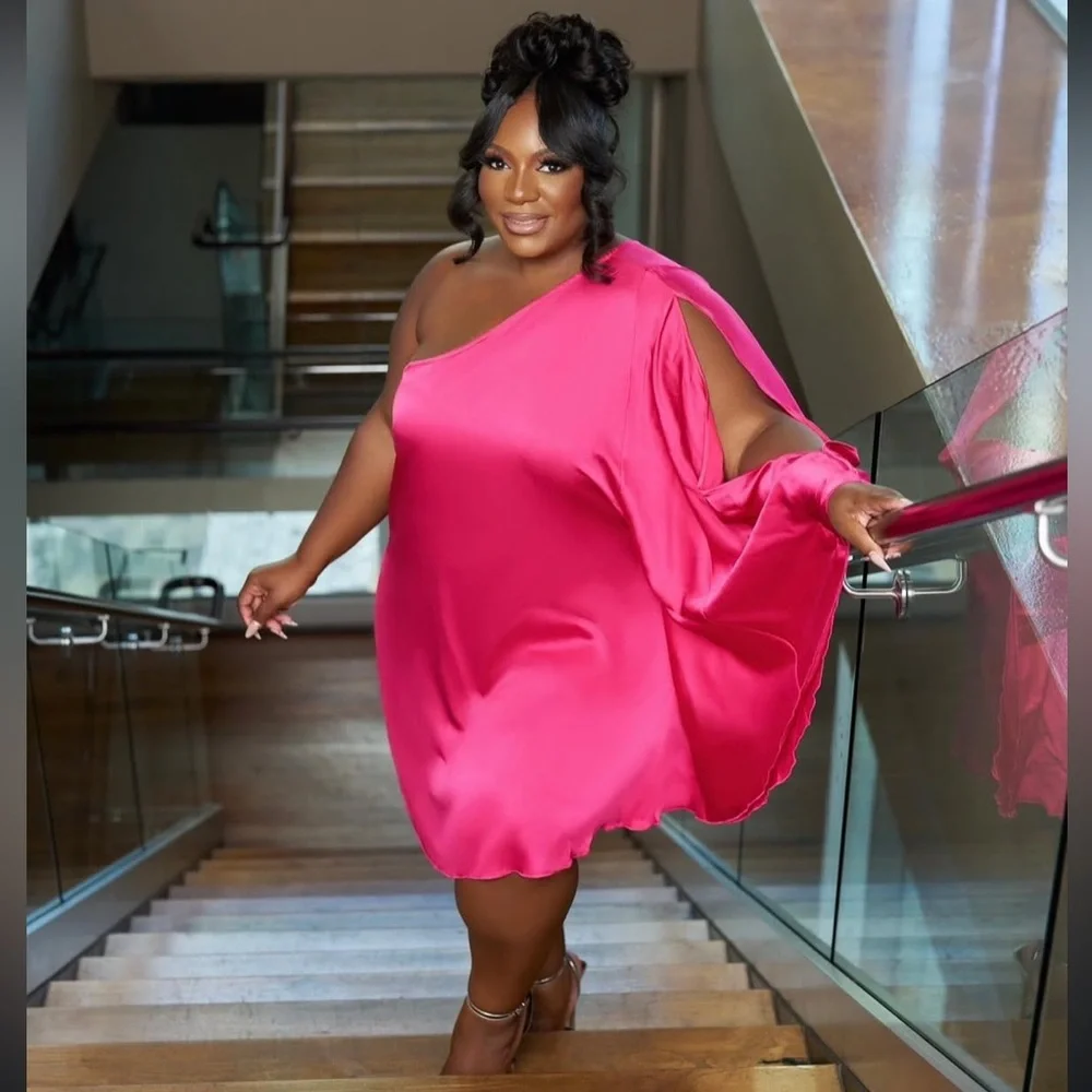 Elegant Hot Pink One-Shoulder Slit Sleeve Mini Dress Size 2X - Picture 1 of 1